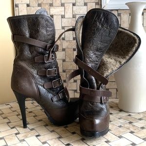 ASH Shearling Lined Antiqued Leather Booties.